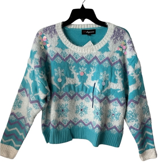 33 DEGREES Fuzzy Holiday Snowflakes Reindeer Large Scoop Crew Sweater BNWT - Picture 1 of 9